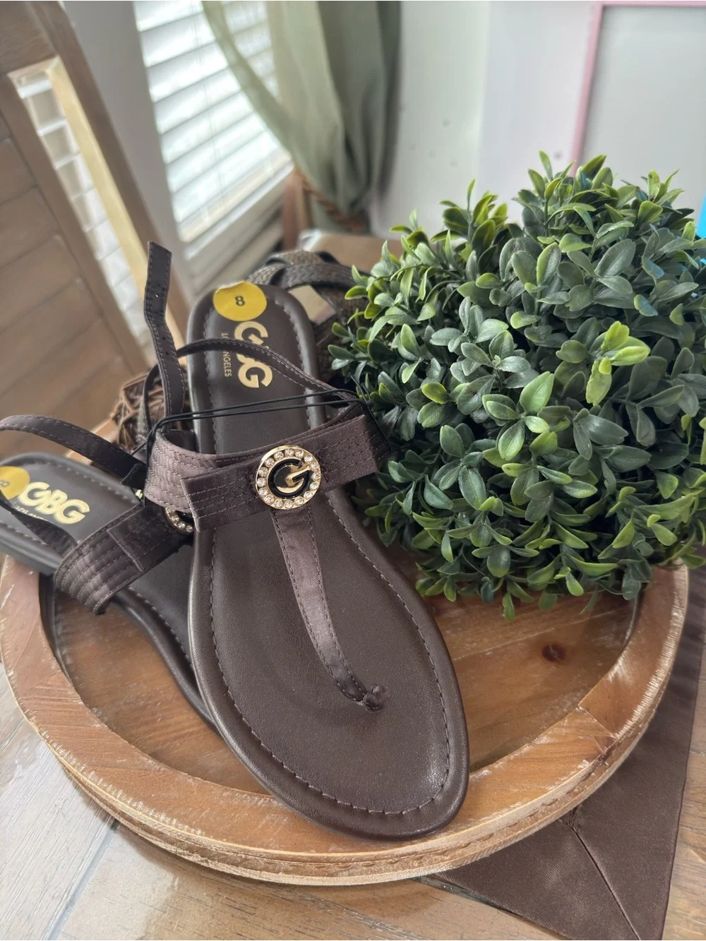 Women’s Brown T-Strap Sandals with Embellished Logo Accent